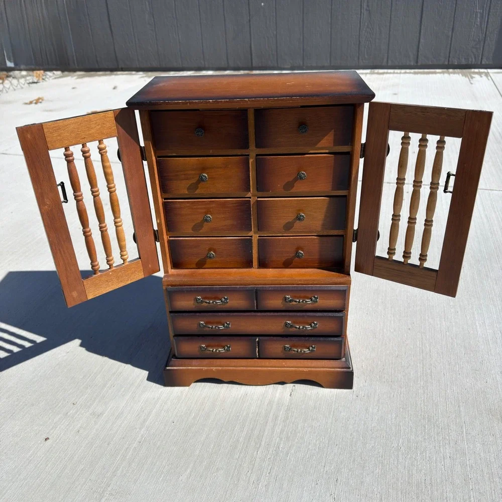 Vintage Made in Japan Wood Jewelry Armoire Spindle Door Tabletop Chest 11 Drawer